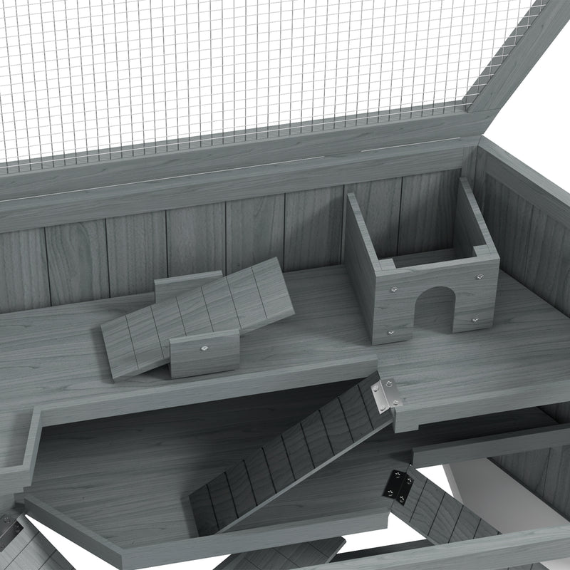 Grey 3 Tier Wooden Hamster Cage with Sliding Tray Seesaws and Water Bottle by PawHut