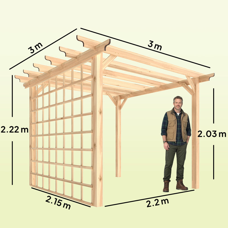 3x3m Wooden Garden Pergola with Trellis for Natural Shade and Privacy Nature Wood Finish Outsunny