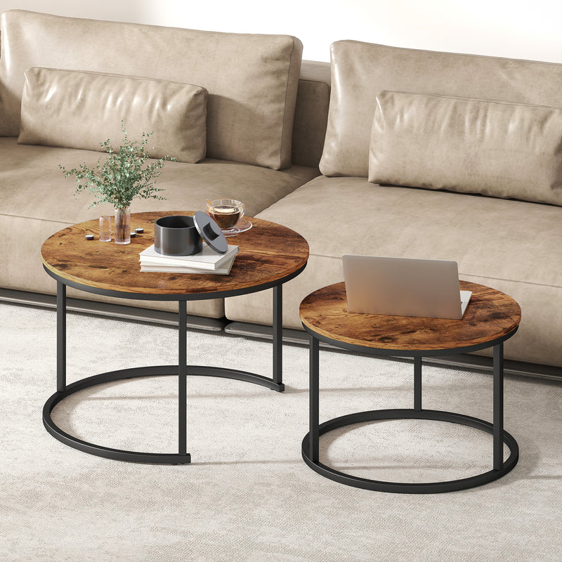 Set of 2 Round Nesting Coffee Tables with Metal Frame Ideal for Living Room Use Rustic Brown