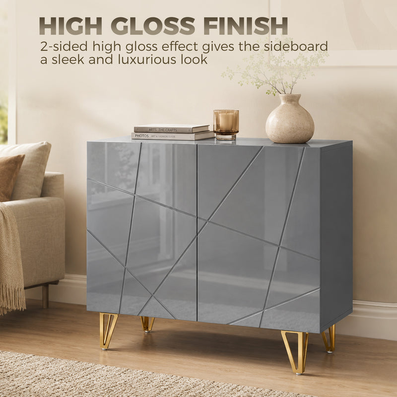 Sideboard with Adjustable Shelf for Living Room Storage High Gloss Grey Gold Tone