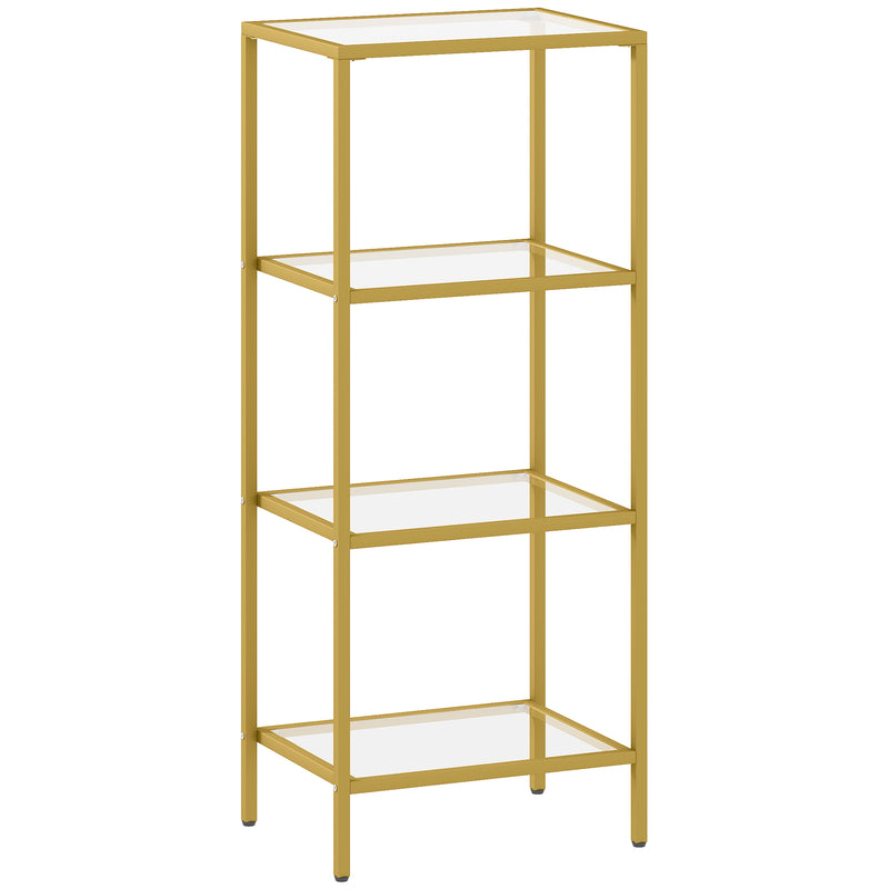 4 Tier Glass Shelving Unit For Living Room Or Office With Vertical Storage, Gold Tone