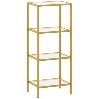 4 Tier Glass Shelving Unit For Living Room Or Office With Vertical Storage, Gold Tone