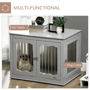 Wooden Dog Crate End Table with Triple Doors and Locks for Indoor Use Grey