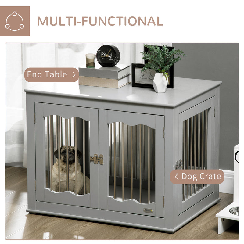 Wooden Dog Crate End Table with Triple Doors and Locks for Indoor Use Grey