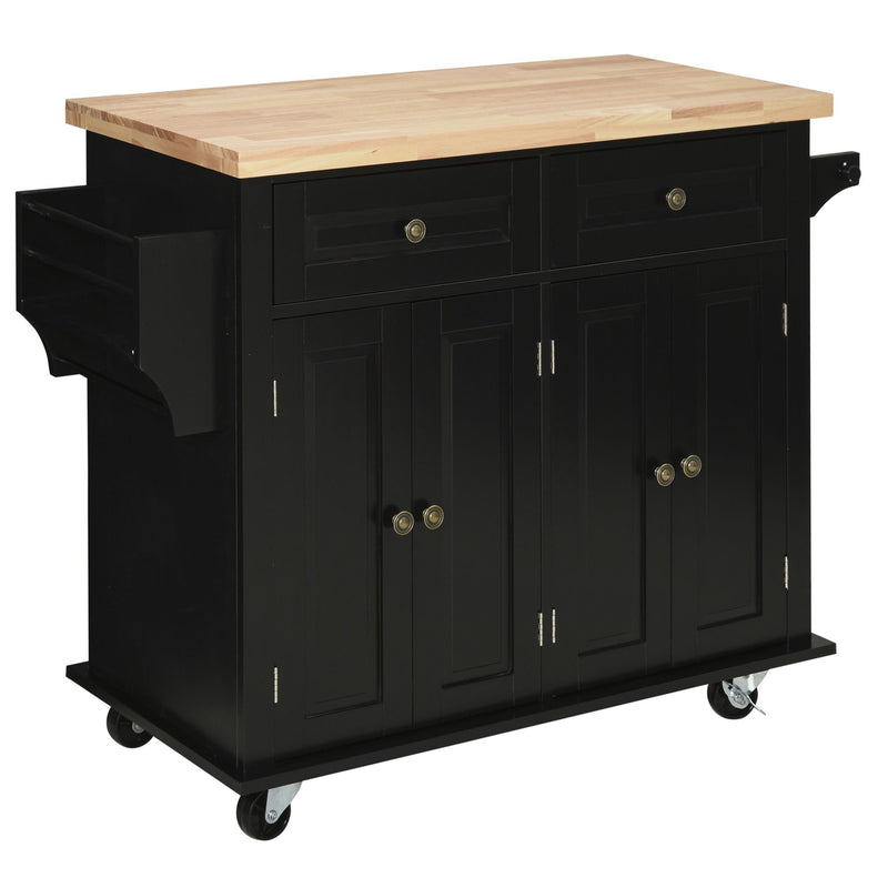 Black Rolling Kitchen Island Trolley with Rubber Wood Top and Storage by HOMCOM