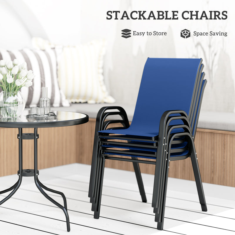 4 Seater Garden Furniture Set with Stackable Chairs and Easy Clean Round Glass Table for Outdoor Use Dark Blue Outsunny