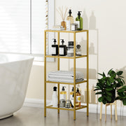 4 Tier Glass Shelving Unit For Living Room Or Office With Vertical Storage, Gold Tone