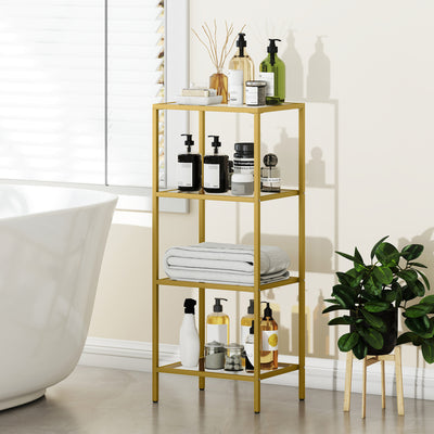 4 Tier Glass Shelving Unit For Living Room Or Office With Vertical Storage, Gold Tone