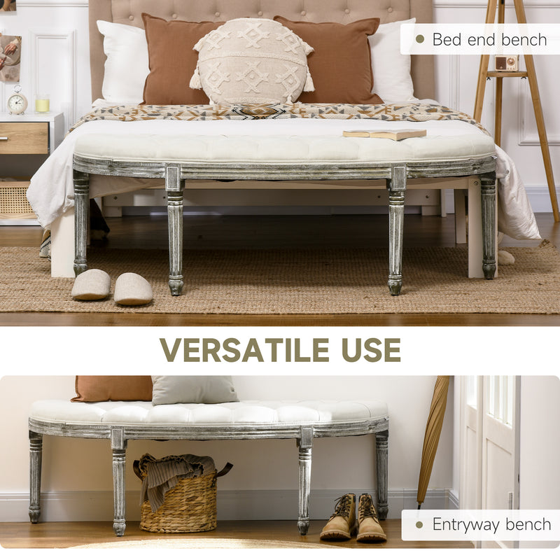 Cream Half Moon Ottoman Bench With Tufted Seat and Light Wood Legs For Bedroom or Hallway
