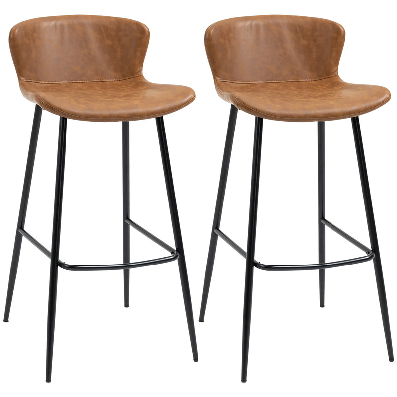 Set of 2 PU Leather Bar Stools with Backrest and Steel Legs for Kitchen Dining, Brown