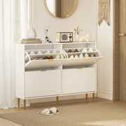 Slim Shoe Storage Cabinet with 4 Flip Drawers Ideal for Hallways or Entryways White