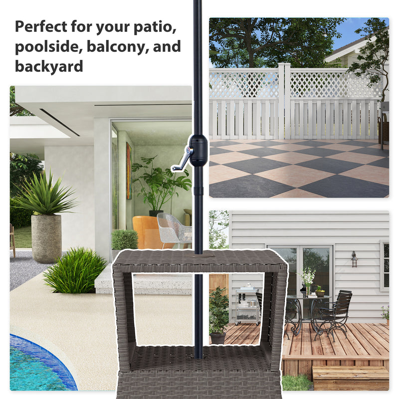 Rattan Garden Table with Parasol Hole and Storage Shelf for Outdoor Use Dark Grey Outsunny