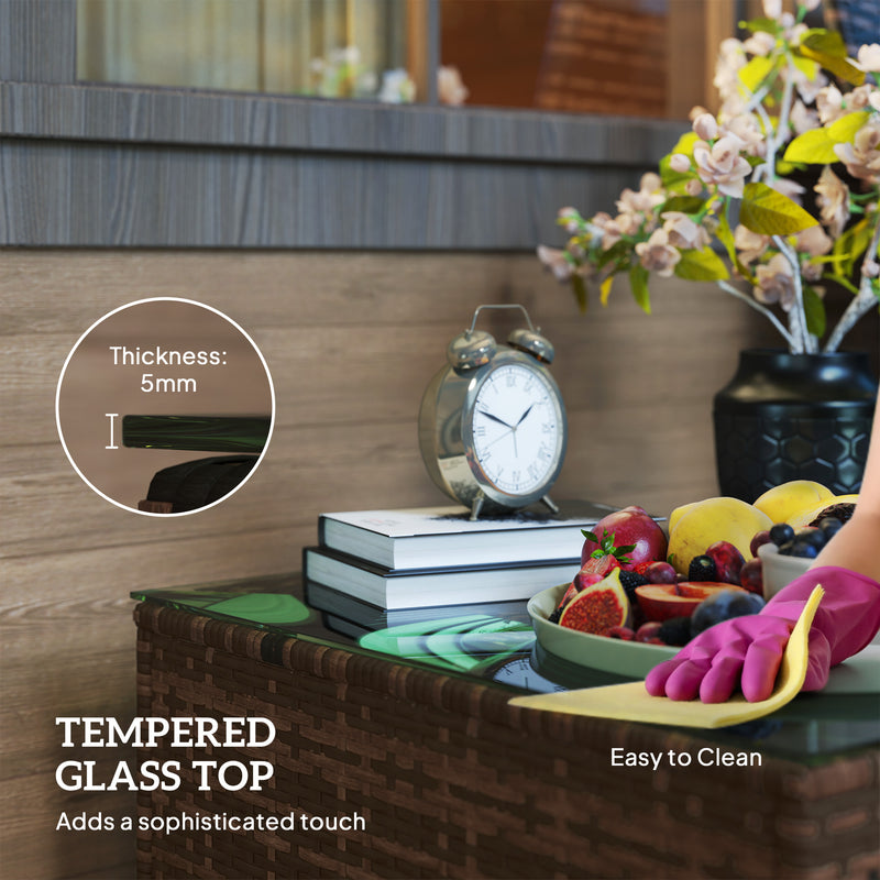 Brown Rattan Side Table with Glass Top 62 x 62cm for Garden or Patio by Outsunny