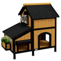 Yellow Wooden Outdoor Cat House with Plant Holder Multiple Entrances and Roof by Pawhut