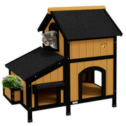 Yellow Wooden Outdoor Cat House with Plant Holder Multiple Entrances and Roof by Pawhut