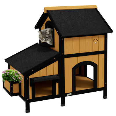 Yellow Wooden Outdoor Cat House with Plant Holder Multiple Entrances and Roof by Pawhut