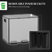 Kitchen Pedal Bin with Three Compartments for Easy Waste and Recycling Sorting Silver Tone AOSOM