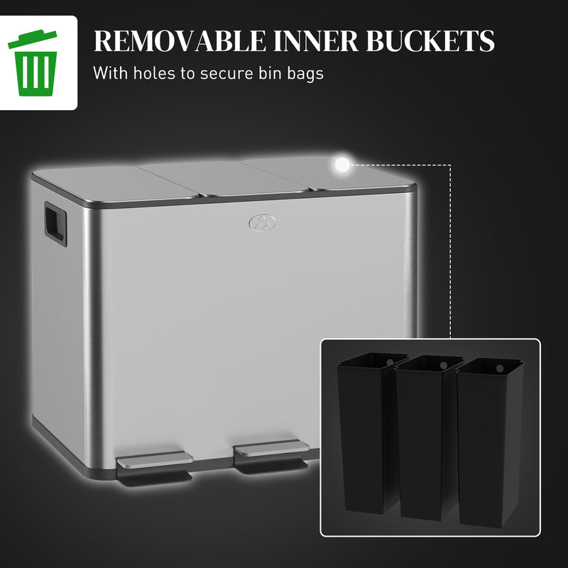 Kitchen Pedal Bin with Three Compartments for Easy Waste and Recycling Sorting Silver Tone AOSOM