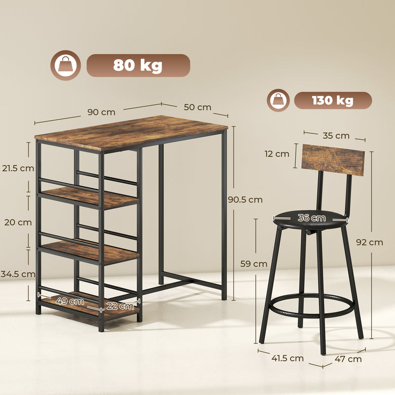 Bar Table Set with Storage Shelves and Space Saving Chairs for Small Dining Areas Rustic Brown