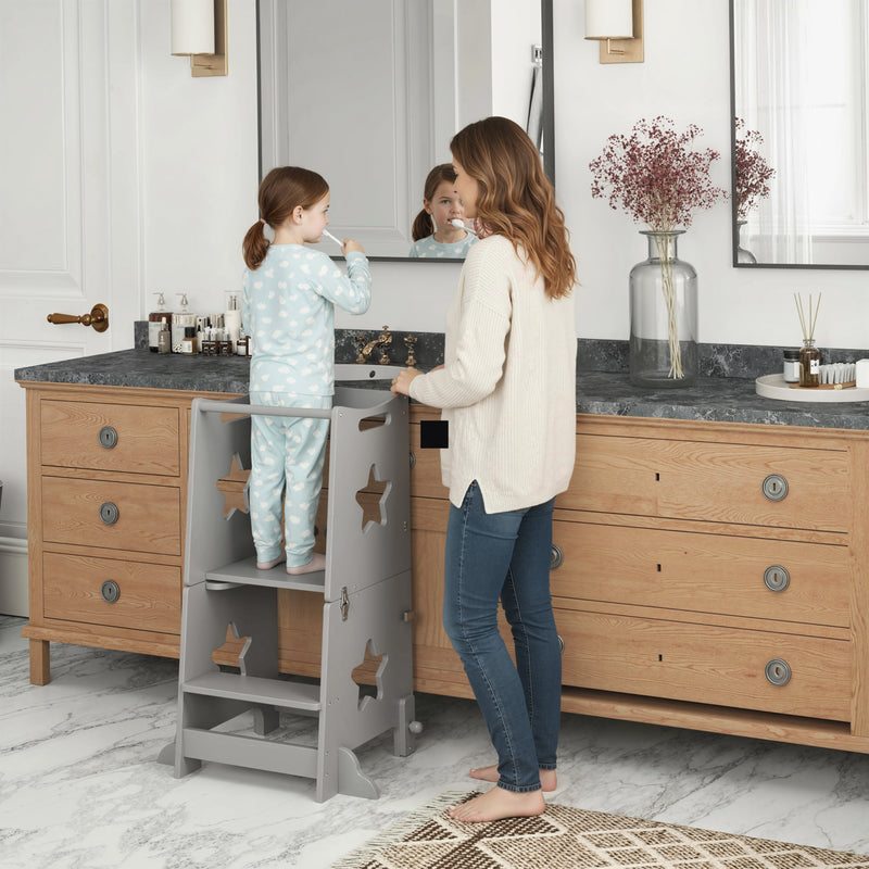Adjustable Kids Step Stool With Safety Bar Converts to Table and Chair Grey