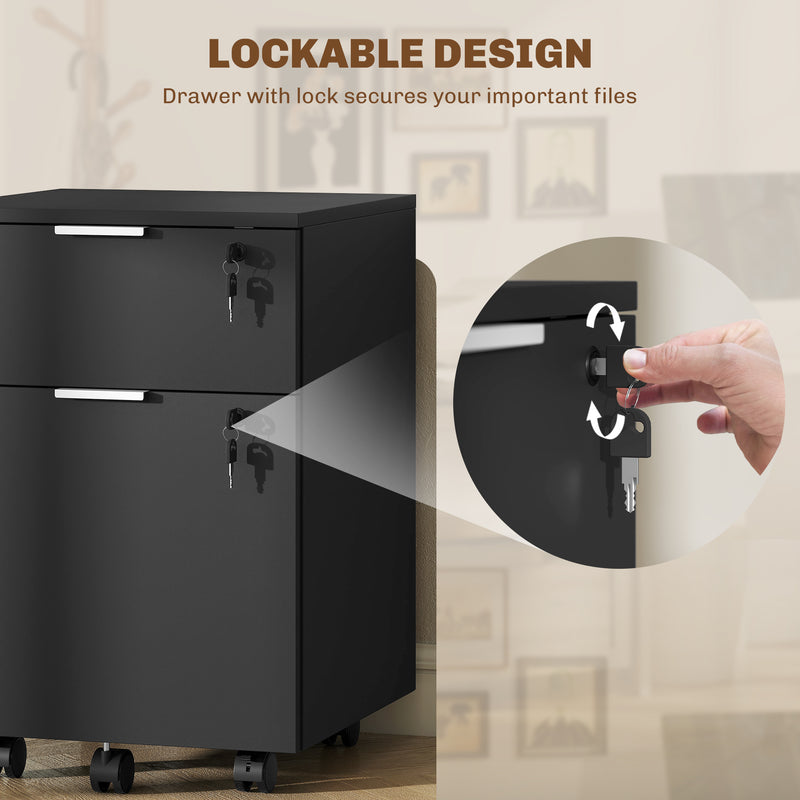 Lockable Two Drawer Filing Cabinet With Smooth Gliding Drawers For Office Use Black AOSOM