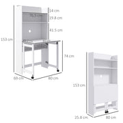 Folding Office Desk with Shelves and Wheels for Small Spaces White AOSOM
