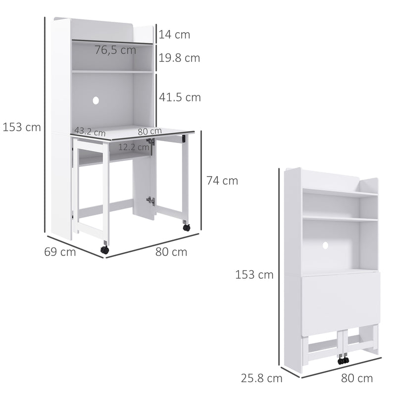 Folding Office Desk with Shelves and Wheels for Small Spaces White AOSOM