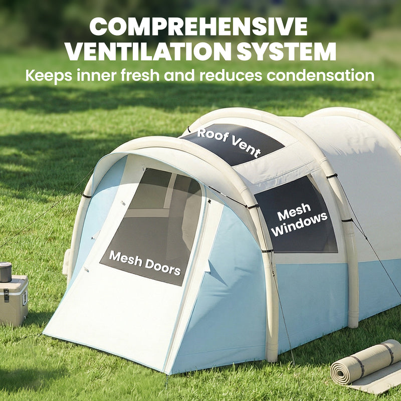Inflatable Camping Tent for 2 to 3 People with Fast 5 Minute Setup and Two Rooms Light Blue