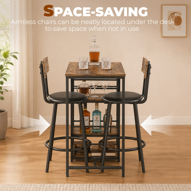 Bar Table Set with Storage Shelves and Space Saving Chairs for Small Dining Areas Rustic Brown