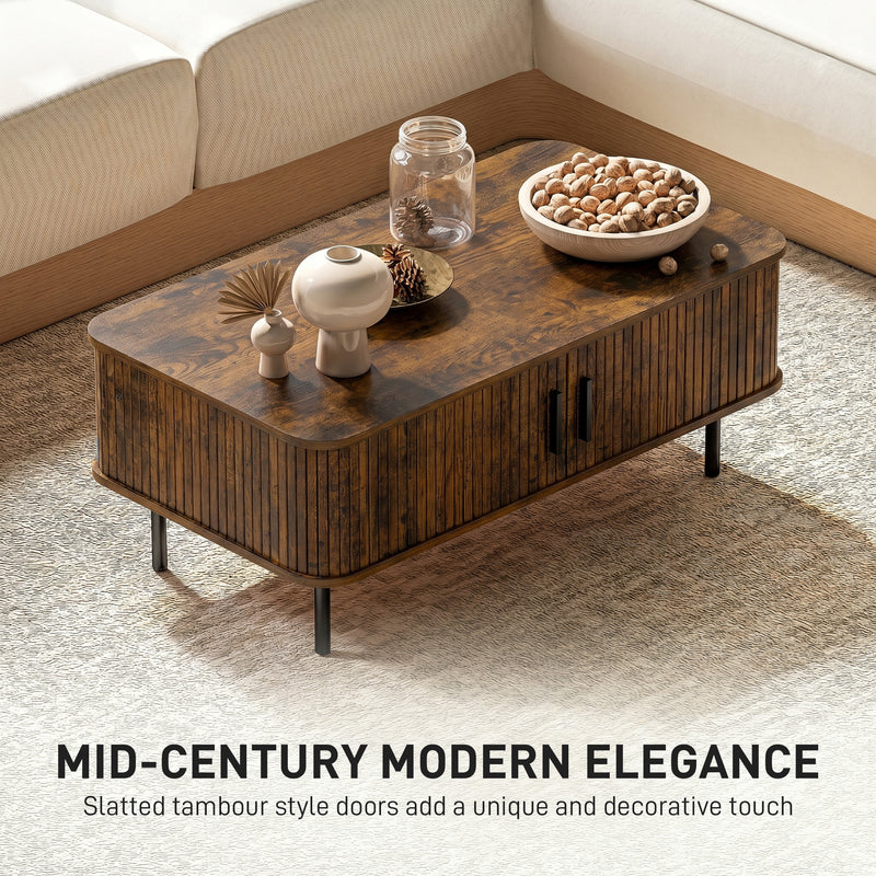 Coffee Table With Sliding Doors for Easy Living Room Storage Rustic Brown Black