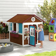 Dark Brown Wooden Kids Playhouse With Doors Windows and Plant Pots For Ages 3 to 8