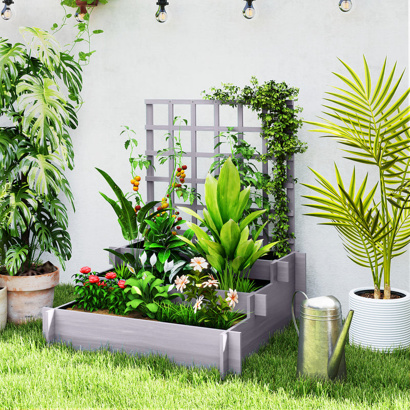 3 Tier Wooden Garden Planter With Trellis For Climbing Plants Raised Bed Grey AOSOM