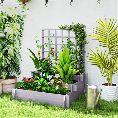 3 Tier Wooden Garden Planter With Trellis For Climbing Plants Raised Bed Grey AOSOM