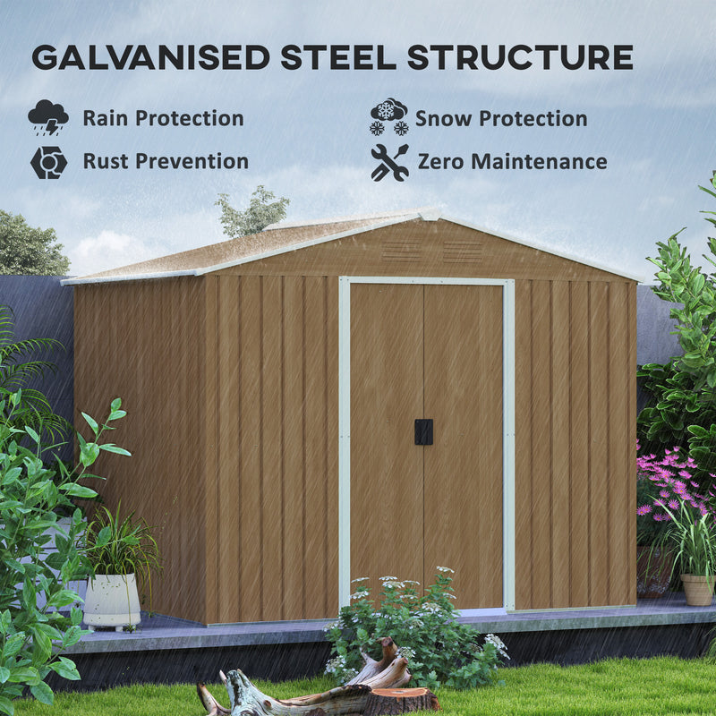 Brown 8x6ft Galvanised Steel Garden Shed with No Windows and Double Doors by Outsunny