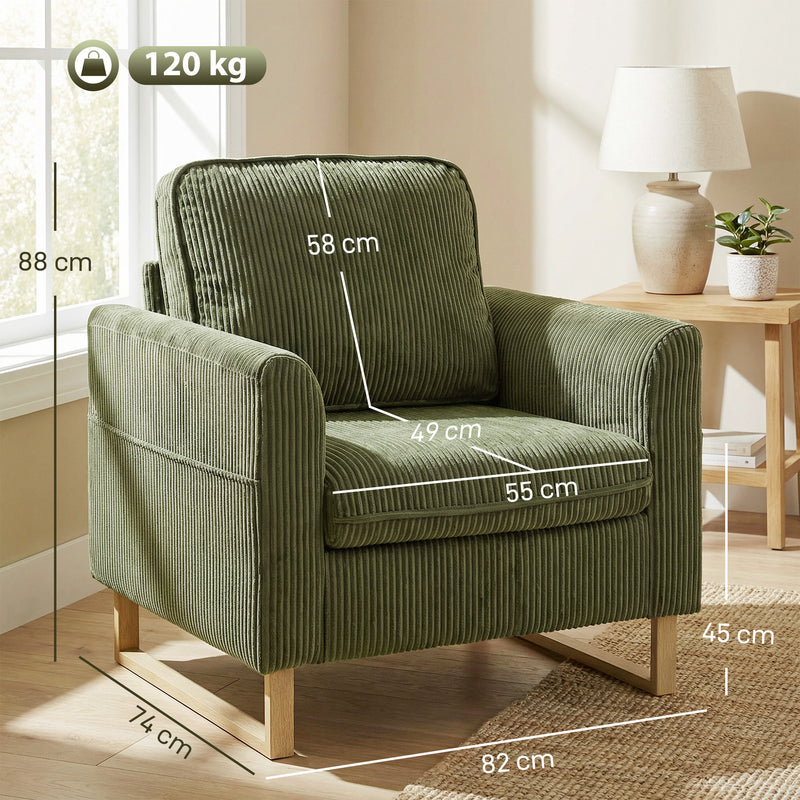 Compact Supportive Armchair for Small Spaces with Easy Clean Corduroy Dark Green