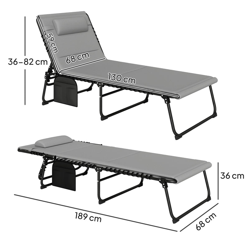 Set of 2 Folding Sun Loungers with Reclining Backrest and Side Pocket Light Grey by Outsunny