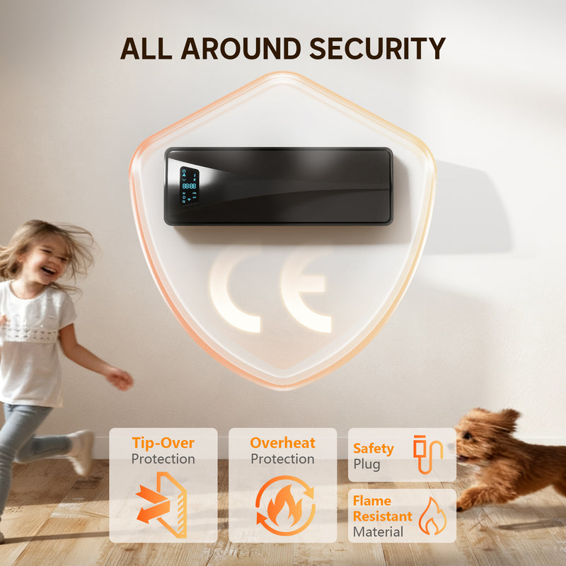 2000W Wall Mounted Ceramic Electric Heater With Fan Remote And Thermostat Control Black