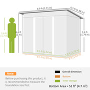 Measurement chart of a storage shed with dimensions labeled, including a person for scale.