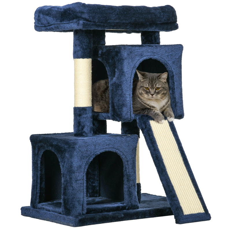 Sisal Cat Tree with Two Cosy Houses and Climbing Platforms for Indoor Play Navy Blue
