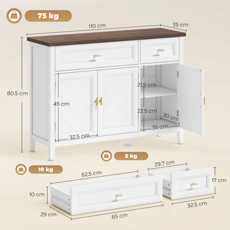 Hallway Sideboard with Adjustable Shelves and Drawers for Organised Storage White Brown Homcom