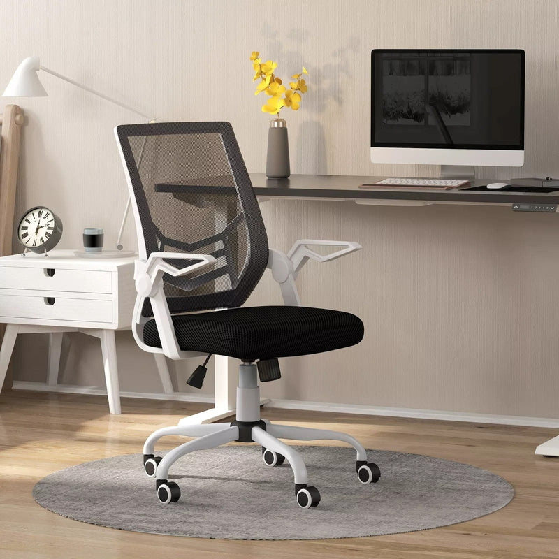 Image of a Mesh Office Chair With Flip Up Arms, Lumbar Support, Swivel Base.