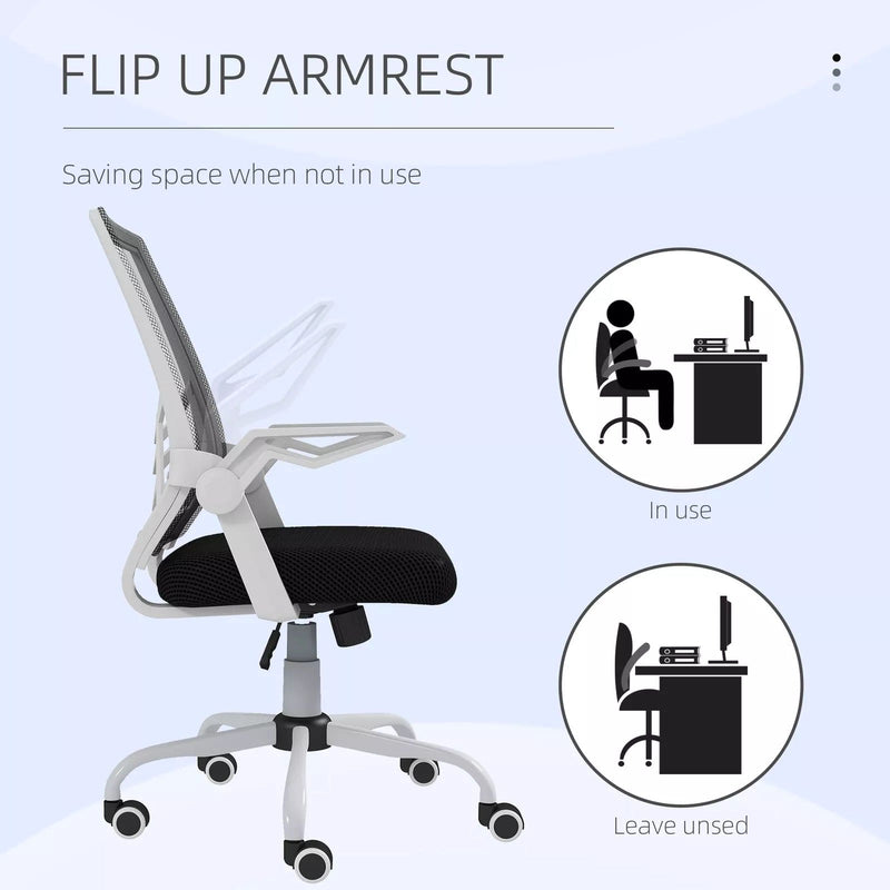 Image of a Mesh Office Chair With Flip Up Arms, Lumbar Support, Swivel Base.