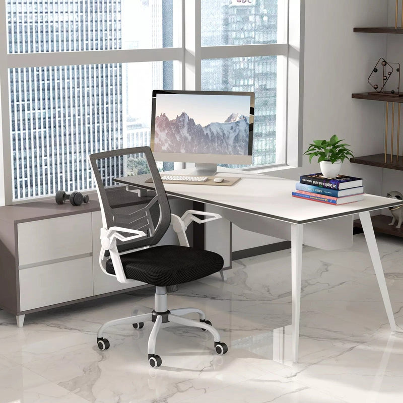 Image of a Mesh Office Chair With Flip Up Arms, Lumbar Support, Swivel Base.