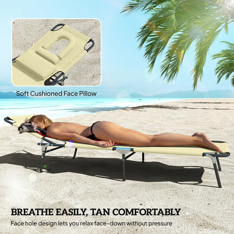 Set of 2 Folding Sun Loungers with Face Hole and Adjustable Backrest for Garden Use, Beige