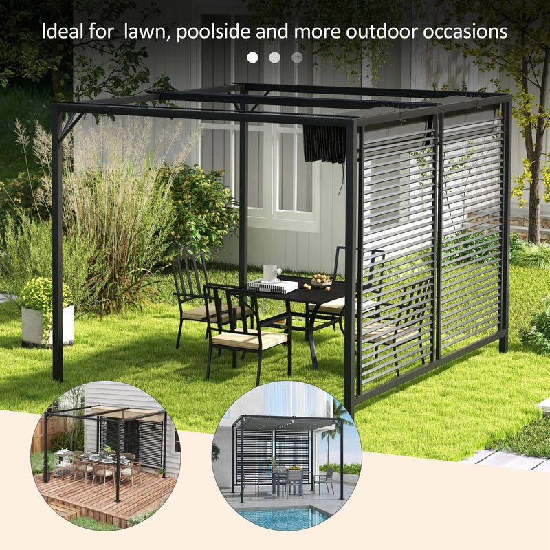Metal Pergola, Retractable Fabric Roof, Slatted Side Panel, 3 x 2.8m, Grey