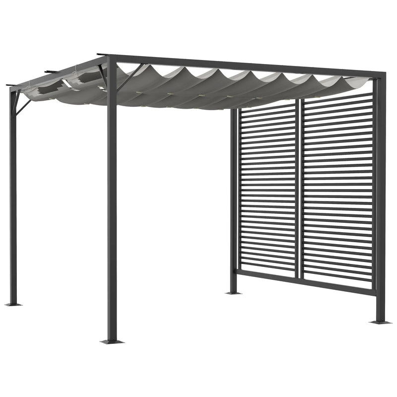 Metal Pergola, Retractable Fabric Roof, Slatted Side Panel, 3 x 2.8m, Grey