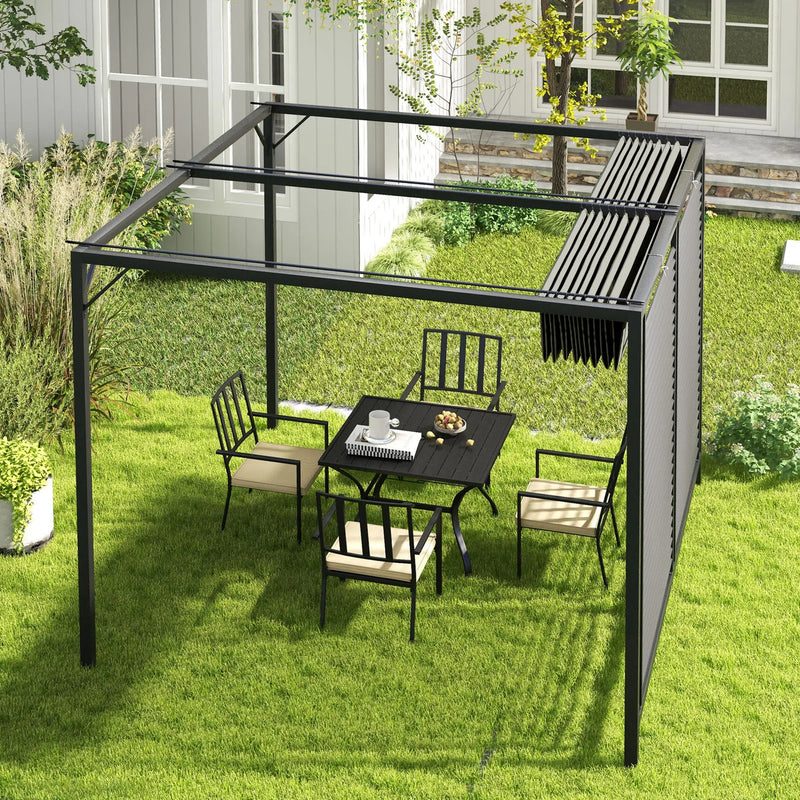 Metal Pergola, Retractable Fabric Roof, Slatted Side Panel, 3 x 2.8m, Grey