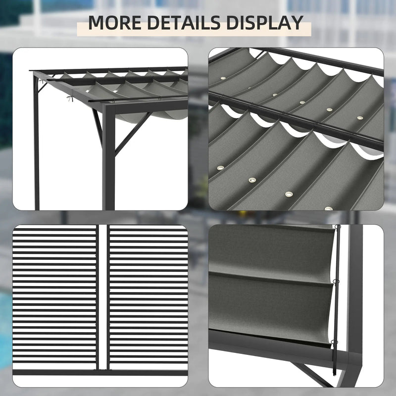 Metal Pergola, Retractable Fabric Roof, Slatted Side Panel, 3 x 2.8m, Grey