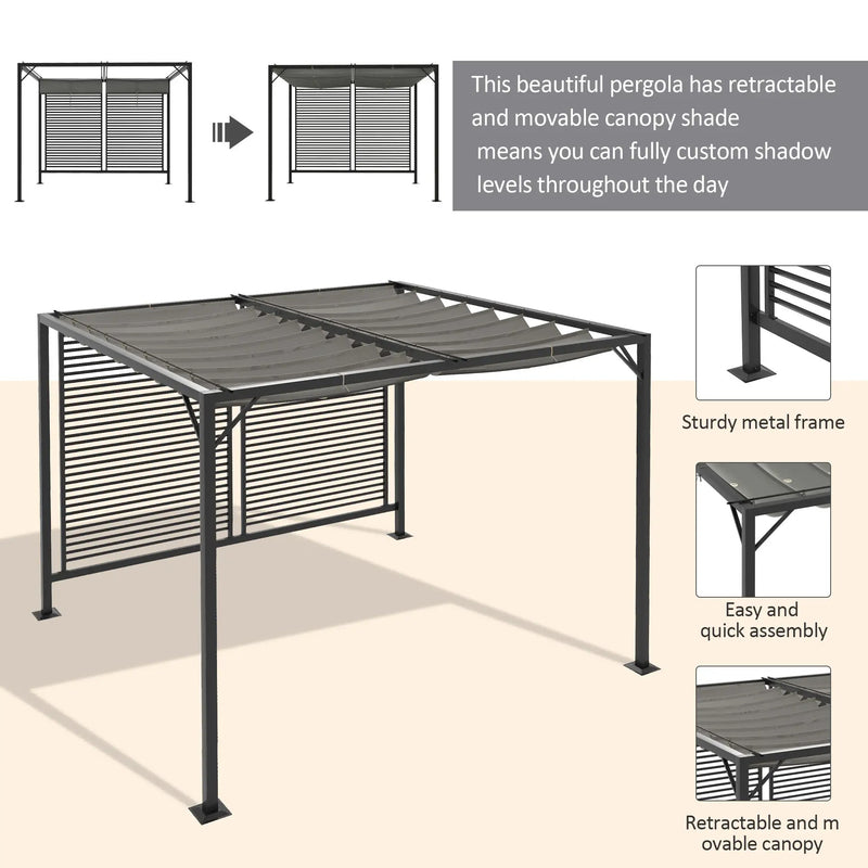 Metal Pergola, Retractable Fabric Roof, Slatted Side Panel, 3 x 2.8m, Grey