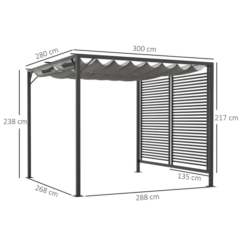 Metal Pergola, Retractable Fabric Roof, Slatted Side Panel, 3 x 2.8m, Grey